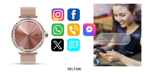 Smartwatch Damski VELTORI VT320-1 Złota Bransoleta + Różowy Pasek Silikonowy VELTORI