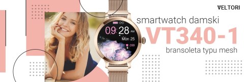 Smartwatch Damski VELTORI VT340-1 Złota Bransoleta + Różowy Pasek Silikonowy VELTORI