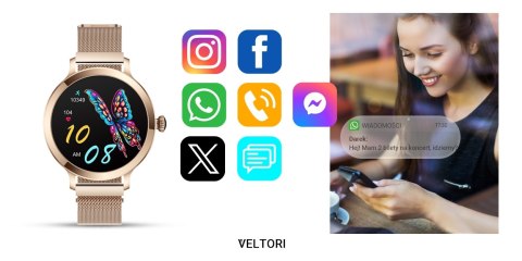 Smartwatch Damski VELTORI VT340-1 Złota Bransoleta + Różowy Pasek Silikonowy VELTORI
