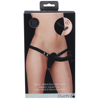 Ouch! - Dual Vibrating - Rechargeable - 10 Speed Silicone Ribbed Strap-On - Adjustable - Black SHOTS