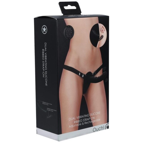 Ouch! - Dual Vibrating - Rechargeable - 10 Speed Silicone Ribbed Strap-On - Adjustable - Black SHOTS