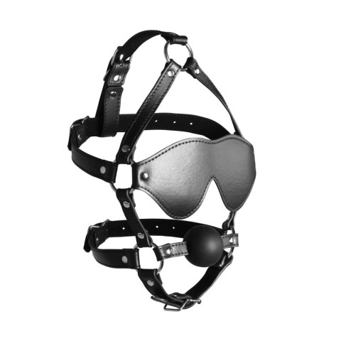 Blindfolded Head Harness with Solid Ball Gag - Black SHOTS