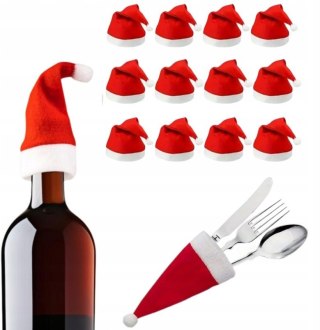 Czapka mini zestaw 12 Etui na Sztućce Świąteczne - Pokrowce Butelki Czapki Mikołaja | Dekoracje Bożonarodzeniowe na Stół