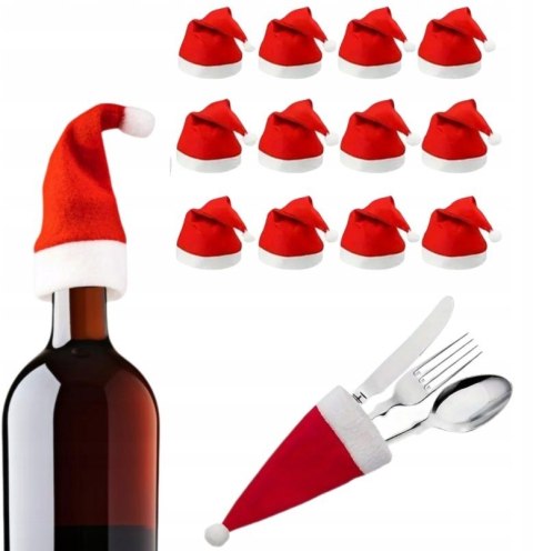 Czapka mini zestaw 12 Etui na Sztućce Świąteczne - Pokrowce Butelki Czapki Mikołaja | Dekoracje Bożonarodzeniowe na Stół