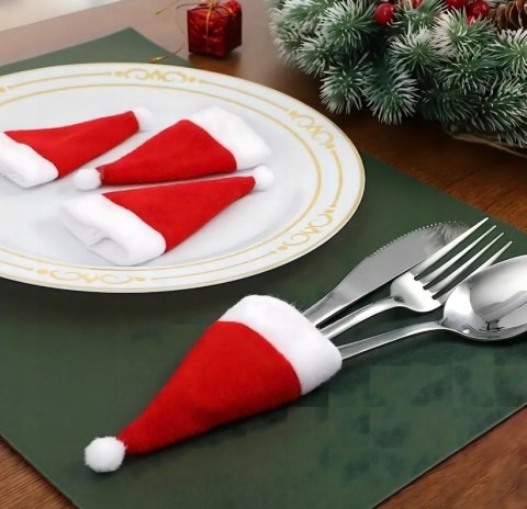 Czapka mini zestaw 12 Etui na Sztućce Świąteczne - Pokrowce Butelki Czapki Mikołaja | Dekoracje Bożonarodzeniowe na Stół