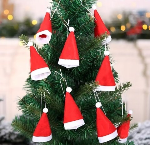 Czapka mini zestaw 12 Etui na Sztućce Świąteczne - Pokrowce Butelki Czapki Mikołaja | Dekoracje Bożonarodzeniowe na Stół