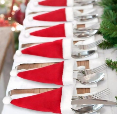 Czapka mini zestaw 12 Etui na Sztućce Świąteczne - Pokrowce Butelki Czapki Mikołaja | Dekoracje Bożonarodzeniowe na Stół