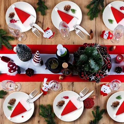 Czapka mini zestaw 12 Etui na Sztućce Świąteczne - Pokrowce Butelki Czapki Mikołaja | Dekoracje Bożonarodzeniowe na Stół