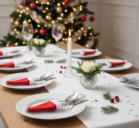 Czapka mini zestaw 12 Etui na Sztućce Świąteczne - Pokrowce Butelki Czapki Mikołaja | Dekoracje Bożonarodzeniowe na Stół