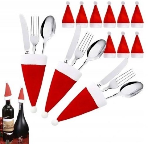 Czapka mini zestaw 12 Etui na Sztućce Świąteczne - Pokrowce Butelki Czapki Mikołaja | Dekoracje Bożonarodzeniowe na Stół