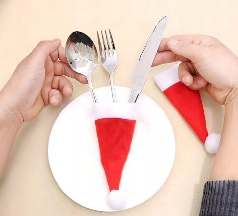 Czapka mini zestaw 12 Etui na Sztućce Świąteczne - Pokrowce Butelki Czapki Mikołaja | Dekoracje Bożonarodzeniowe na Stół