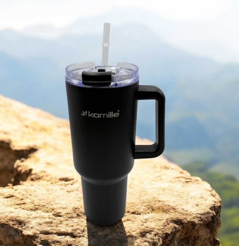 STALOWY KUBEK TERMICZNY TERMOS 1200ml Z RĄCZKĄ I SŁOMKĄ KM-2172 Kamille