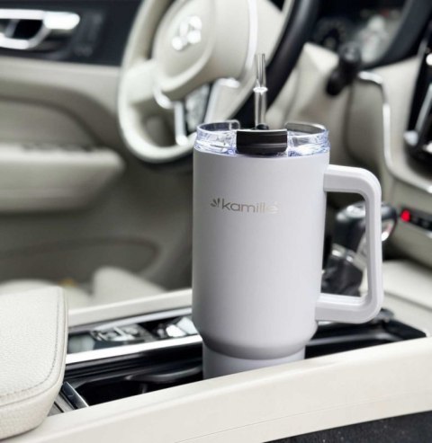 STALOWY KUBEK TERMICZNY TERMOS 1200ml Z RĄCZKĄ I SŁOMKĄ KM-2173 Kamille