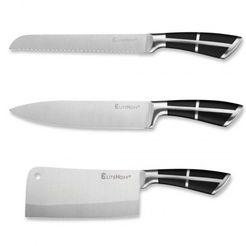 ZESTAW 9 ELEM. NOŻY KUCHENNYCH W STOJAKU Z OSTRZAŁKĄ I NOŻYCAMI E-6262 Elitehoff