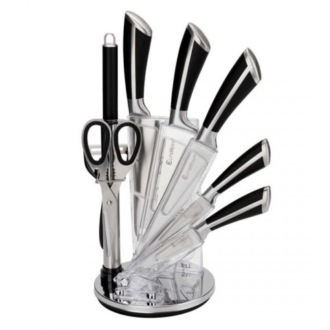 ZESTAW 9 ELEM. NOŻY KUCHENNYCH W STOJAKU Z OSTRZAŁKĄ I NOŻYCAMI E-6263 Elitehoff