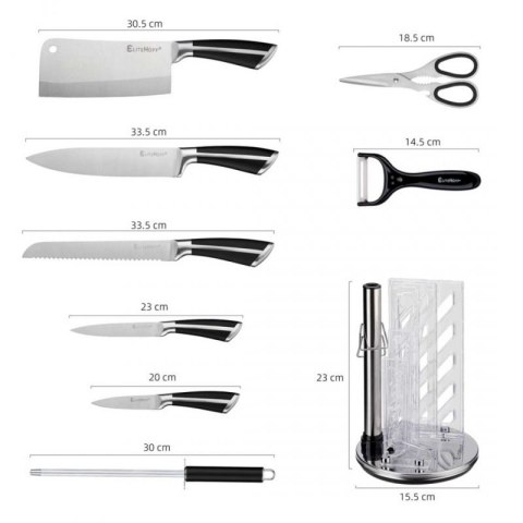 ZESTAW 9 ELEM. NOŻY KUCHENNYCH W STOJAKU Z OSTRZAŁKĄ I NOŻYCAMI E-6263 Elitehoff
