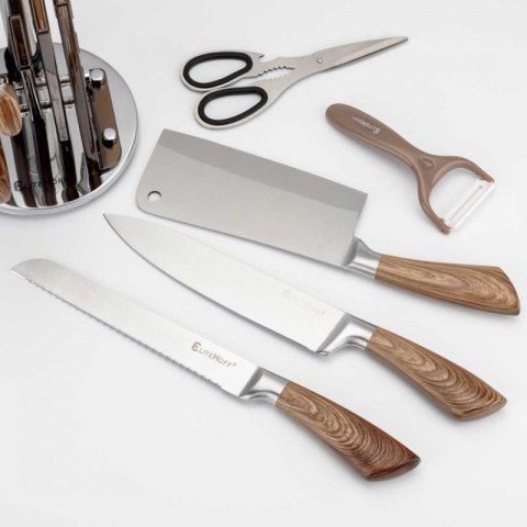 ZESTAW 9 ELEM. NOŻY KUCHENNYCH W STOJAKU Z OSTRZAŁKĄ I NOŻYCAMI E-6265 Elitehoff