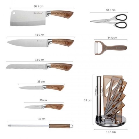 ZESTAW 9 ELEM. NOŻY KUCHENNYCH W STOJAKU Z OSTRZAŁKĄ I NOŻYCAMI E-6265 Elitehoff