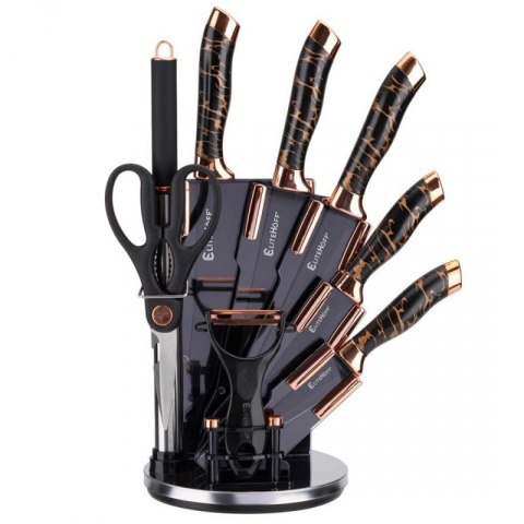 ZESTAW 9 ELEM. NOŻY KUCHENNYCH W STOJAKU Z OSTRZAŁKĄ I NOŻYCAMI E-6270 Elitehoff