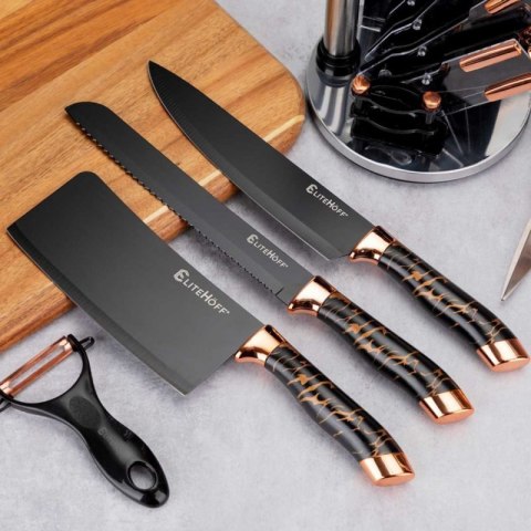 ZESTAW 9 ELEM. NOŻY KUCHENNYCH W STOJAKU Z OSTRZAŁKĄ I NOŻYCAMI E-6270 Elitehoff