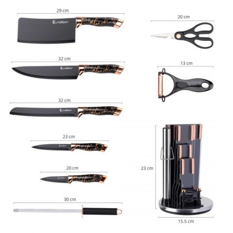 ZESTAW 9 ELEM. NOŻY KUCHENNYCH W STOJAKU Z OSTRZAŁKĄ I NOŻYCAMI E-6270 Elitehoff