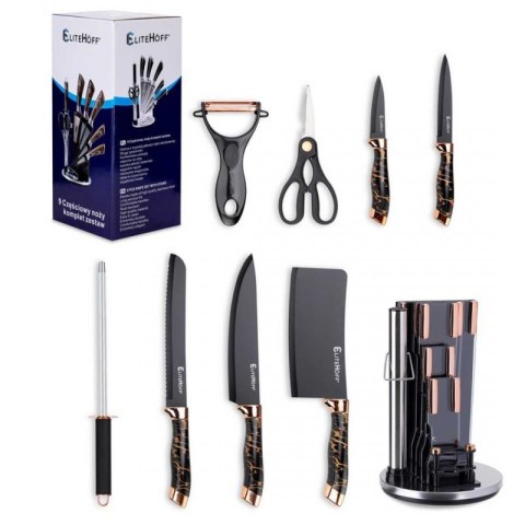 ZESTAW 9 ELEM. NOŻY KUCHENNYCH W STOJAKU Z OSTRZAŁKĄ I NOŻYCAMI E-6270 Elitehoff
