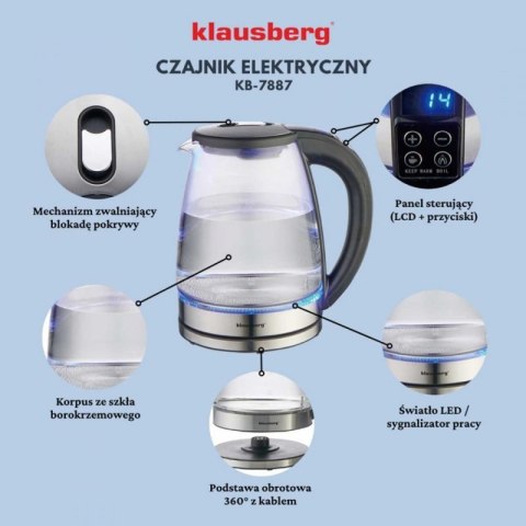 CZAJNIK ELEKTRYCZNY SZKLANY 1,8L KLAUSBERG KB-7887 LED RGB Klausberg