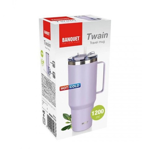 STALOWY KUBEK TERMICZNY TERMOS 1200ml Z RĄCZKĄ I SŁOMKĄ BANQUET TWAIN LILA Banquet