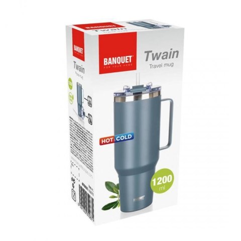 STALOWY KUBEK TERMICZNY TERMOS 1200ml Z RĄCZKĄ I SŁOMKĄ BANQUET TWAIN SZARY Banquet