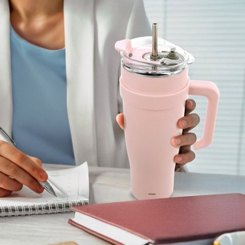 STALOWY KUBEK TERMICZNY TERMOS 1200ml Z RĄCZKĄ I SŁOMKĄ ORION 112283 RÓŻOWY Orion