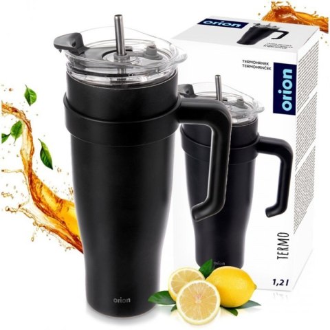 STALOWY KUBEK TERMICZNY TERMOS 1200ml Z RĄCZKĄ I SŁOMKĄ ORION 112284 CZARNY Orion