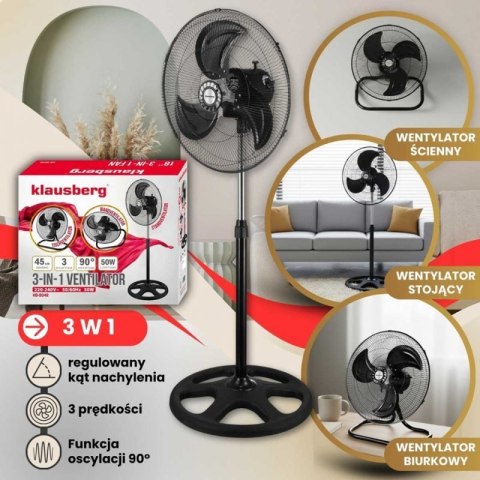 WENTYLATOR WIATRAK PODŁOGOWY BIURKOWY ŚCIENNY 3w1 KLAUSBERG KB-9042 Klausberg
