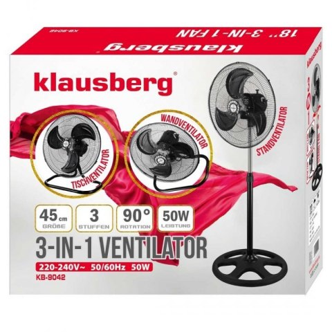 WENTYLATOR WIATRAK PODŁOGOWY BIURKOWY ŚCIENNY 3w1 KLAUSBERG KB-9042 Klausberg