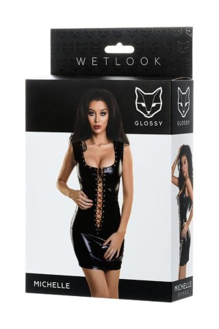 Glossy Shiny Wetlook dress with a lace MICHELLE - black XL Glossy