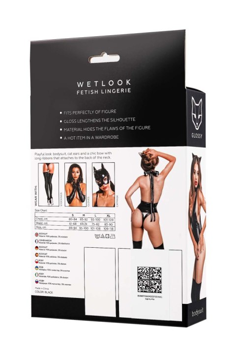 Glossy Kitti, bodysuit and cat ears, wetlook, black, M Glossy