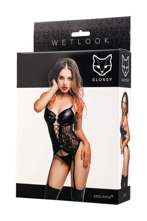 Glossy Miriam, set (top+panties), wetlook, black, S Glossy