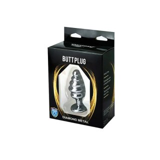 Silver medium ribbed butt plug with red crystal Fantasy