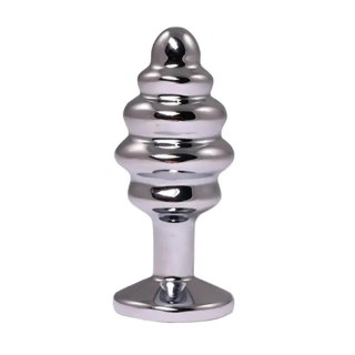 Silver medium ribbed butt plug with white crystal Fantasy