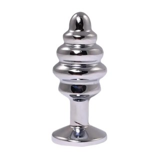 Silver small ribbed butt plug with pink crystal Fantasy