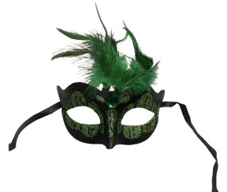 Maska-Venetian Mask Green with Green Stone and Feather POWER ESCORTS