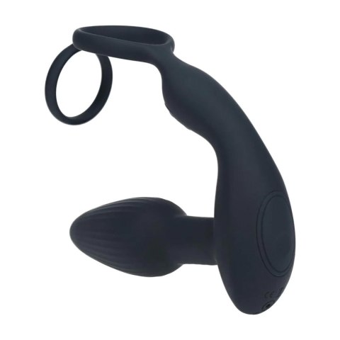 Dual Vibrating Remote Rotating Beads Silicone Prostate Stimulator with Cock and Ball Ring - Black SHOTS