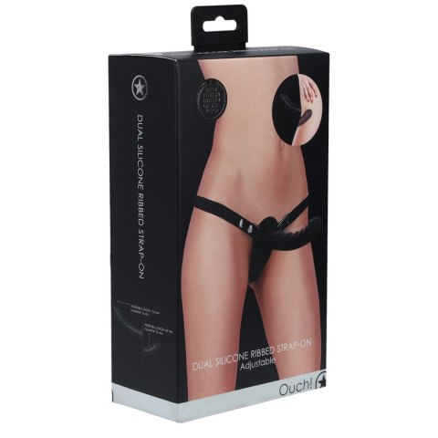 Ouch! - Dual Silicone Ribbed Strap-On - Adjustable - Black SHOTS